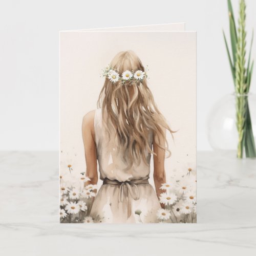 Watercolor Young Woman In Daisies Card