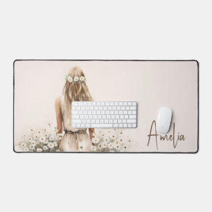 Watercolor Young Woman In Daisy Meadow Desk Mat