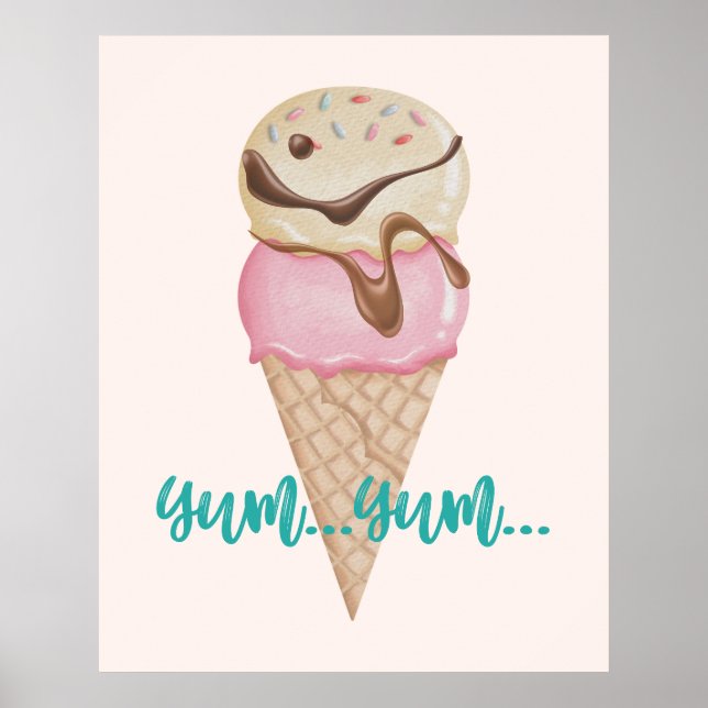 Watercolor yummy ice cream cone  poster (Front)