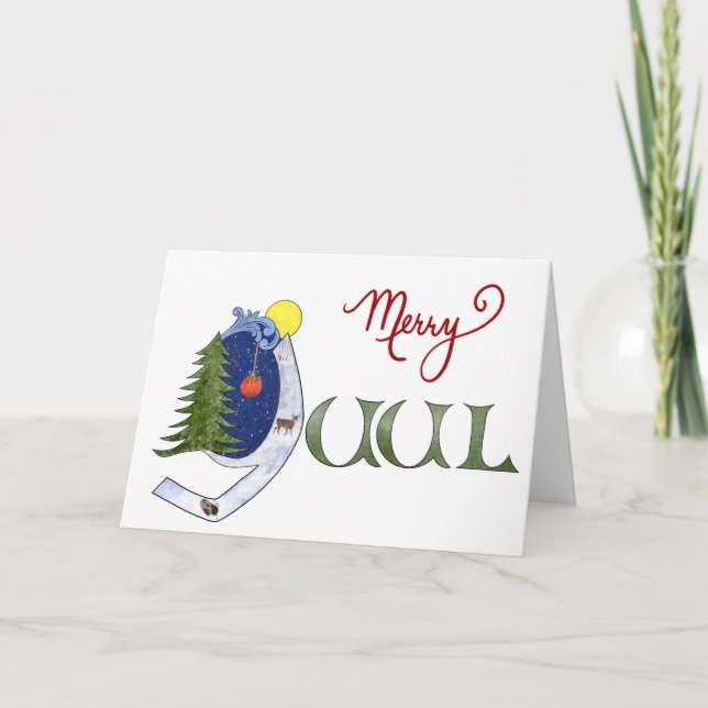Watercolor Yuul Design With Illuminated Letter Y Holiday Card (Front)