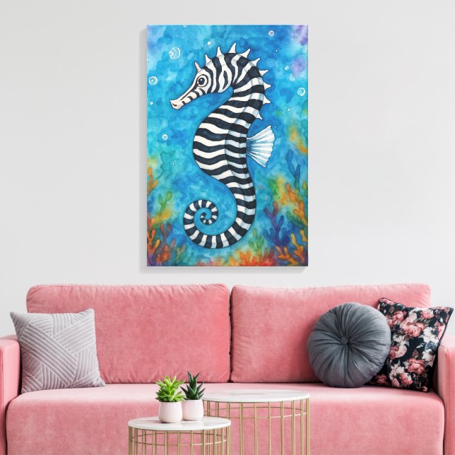 Watercolor Zebra Seahorse Canvas Print (Insitu(LivingRoom))