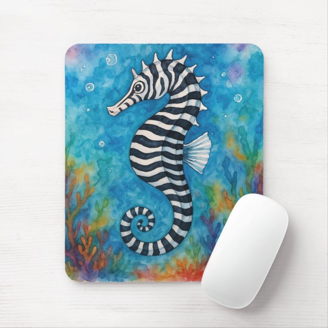 Watercolor Zebra Seahorse Mouse Pad (With Mouse)