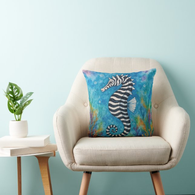 Watercolor Zebra Seahorse Throw Pillow (Chair)
