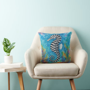 Watercolor Zebra Seahorse Throw Pillow