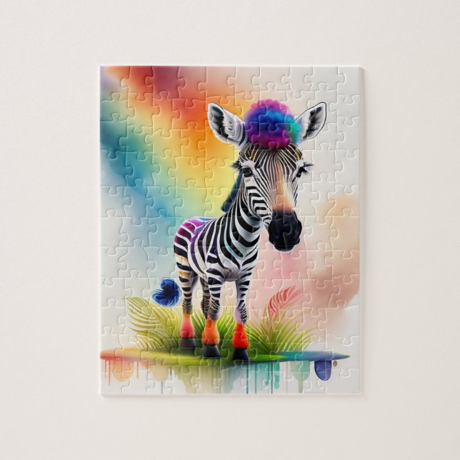 Watercolor Zebra With Rainbow Colors, Zebra Jigsaw Puzzle (Vertical)