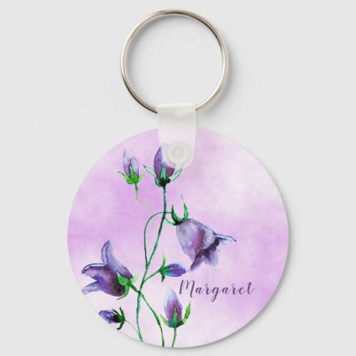 Watercolored bluebells on ultra violet add a name keychain