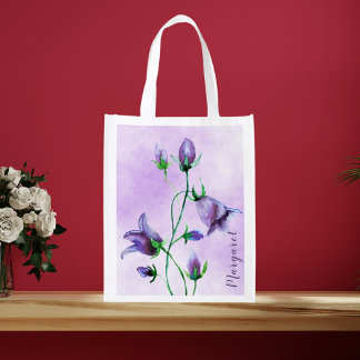 Watercolored bluebells violet name grocery bag