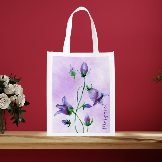Watercolored bluebells violet name grocery bag (Creator Uploaded)