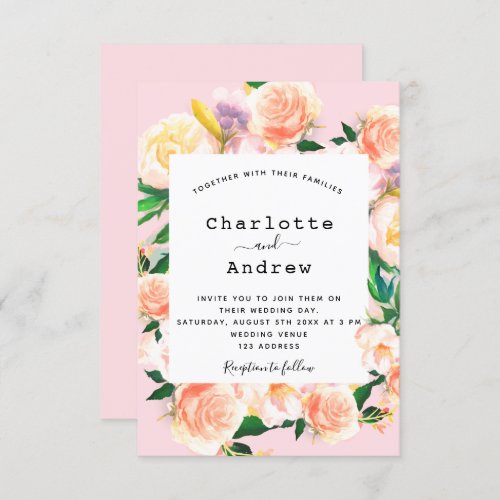 Watercolored florals blush pink rose gold wedding invitation