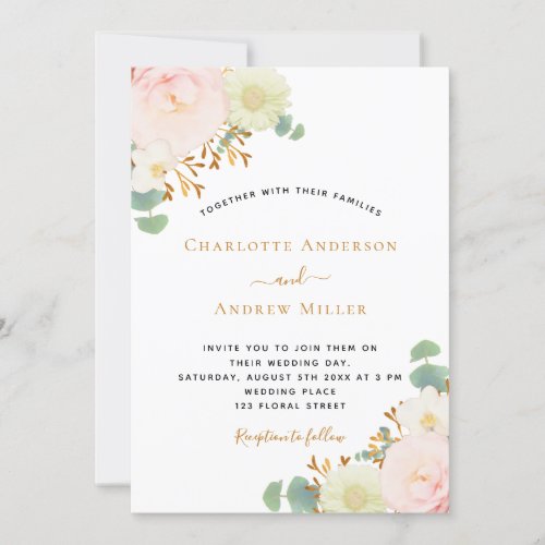 Watercolored florals pink rose gold wedding invitation