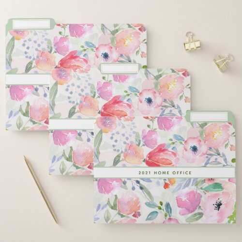 Watercolored flowers pink purple white home office file folder