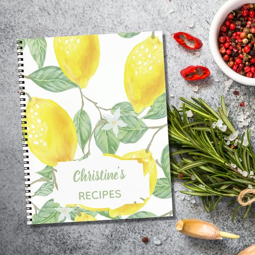 Watercolored lemons recipe template cookbook notebook