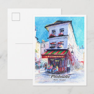 Watercolored pencils restaurant on montmartre postcard