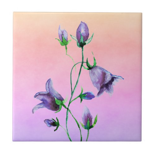 Watercolored violet bluebells on violet and peach ceramic tile