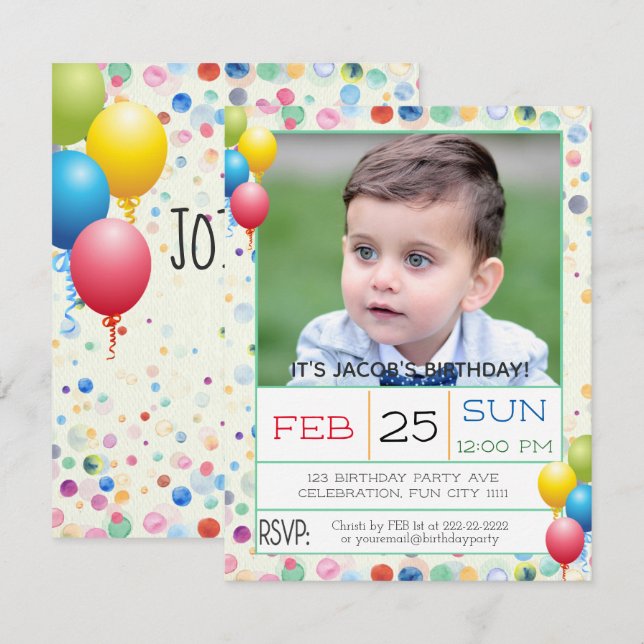 Watercolors and Balloons Photo Birthday Party Invitation (Front/Back)