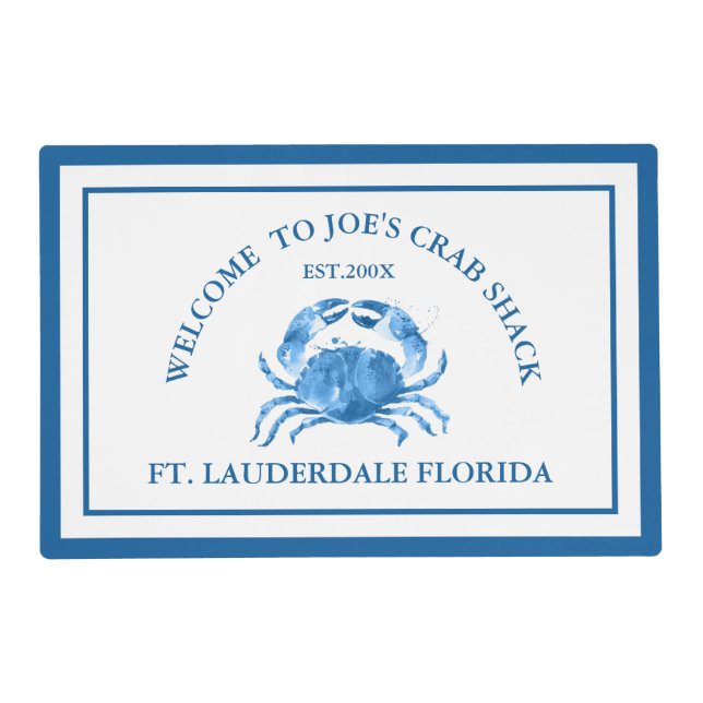 Watercolors Blue Crab Custom Typography Placemat (Front)