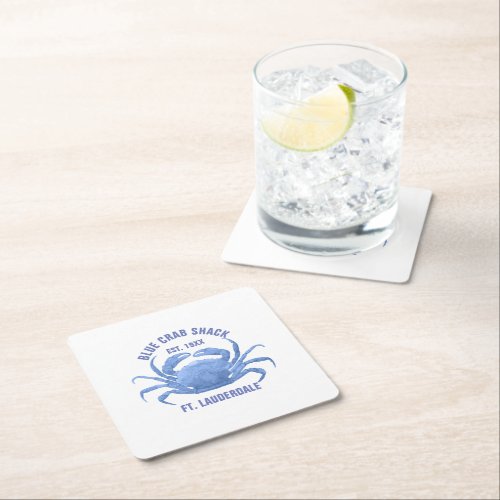 Watercolors Blue Crab Illustration Custom Text Square Paper Coaster