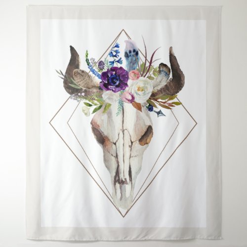 Watercolors boho geometric dreamcatcher bull skull tapestry