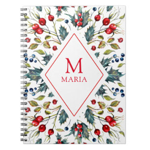 Watercolors Christmas holly monogram Notebook