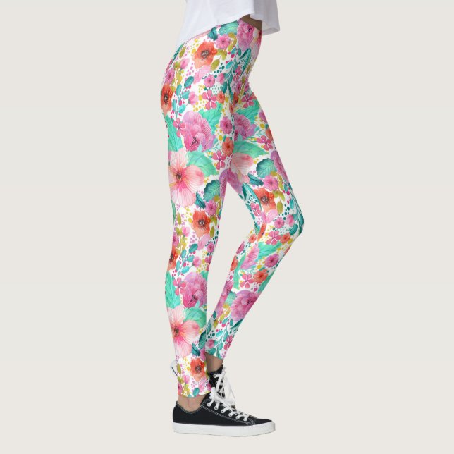 Watercolors Colorful Flowers Collage Pattern Leggings (Right)