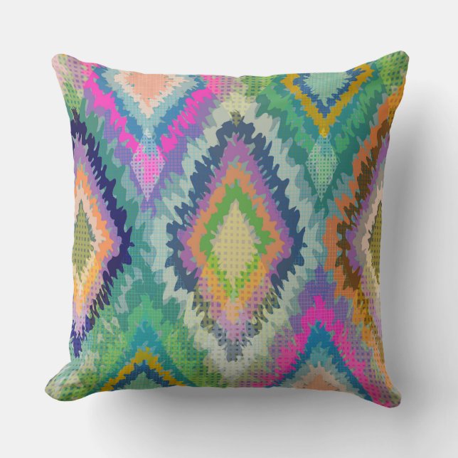 Watercolors Colorful Ikat Tribal Geometric Pattern Throw Pillow (Front)