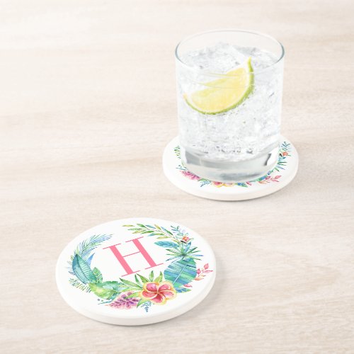 Watercolors Colorful Tropical Floral Wreath Drink Coaster