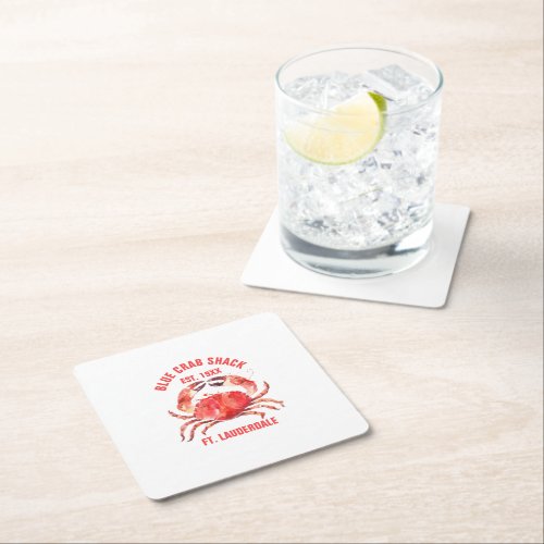 Watercolors Coral Red Crab Custom Text Square Paper Coaster