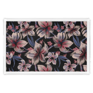 Watercolors Crimson Floral on Black Acrylic Tray