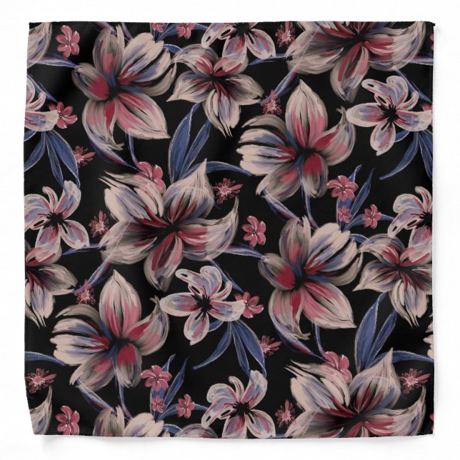 Watercolors Crimson Floral on Black  Bandana (Front)