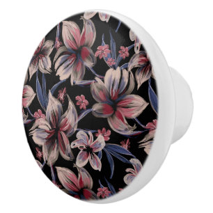 Watercolors Crimson Floral on Black Ceramic Knob