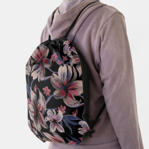 Watercolors Crimson Floral on Black Drawstring Bag