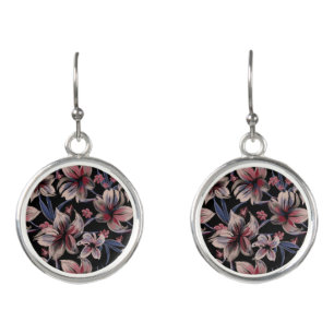 Watercolors Crimson Floral on Black Earrings
