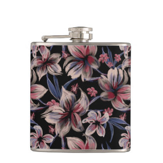 Watercolors Crimson Floral on Black  Flask
