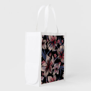 Watercolors Crimson Floral on Black Grocery Bag