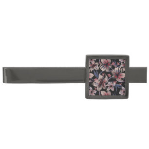 Watercolors Crimson Floral on Black  Gunmetal Finish Tie Bar