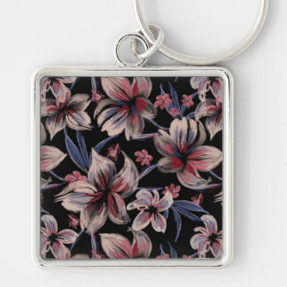 Watercolors Crimson Floral on Black Keychain