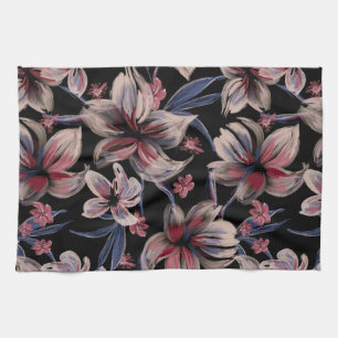 Watercolors Crimson Floral on Black Kitchen Towel