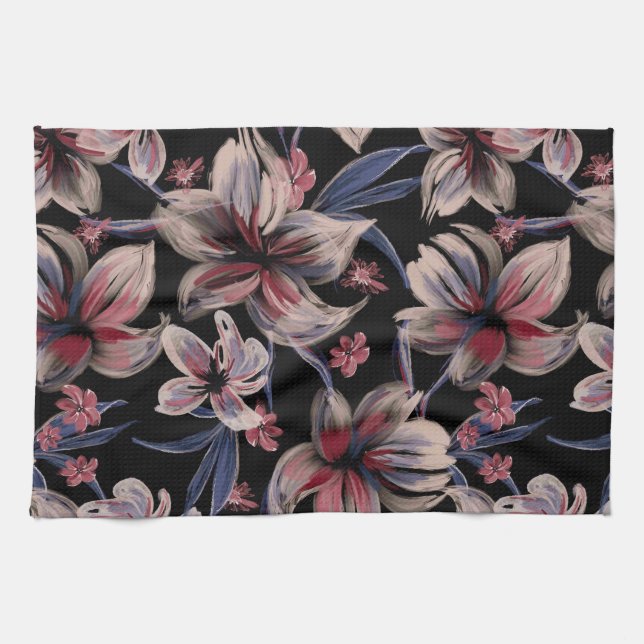 Watercolors Crimson Floral on Black  Kitchen Towel (Horizontal)