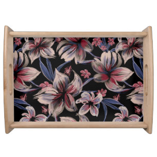 Watercolors Crimson Floral on Black Serving Tray