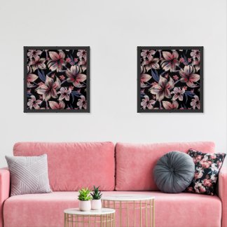 Watercolors Crimson Floral on Black Wall Art Sets