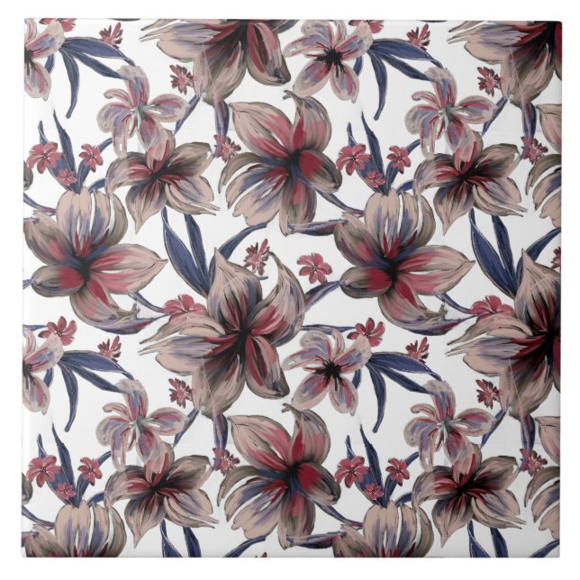 Watercolors Crimson Floral on White Ceramic Tile (Front)