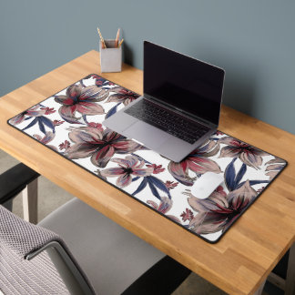 Watercolors Crimson Floral on White Desk Mat