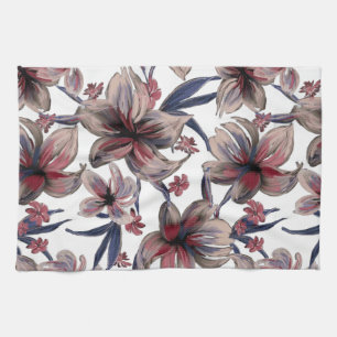 Watercolors Crimson Floral on White Kitchen Towel