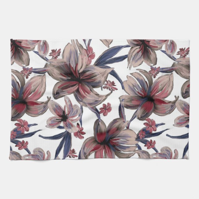 Watercolors Crimson Floral on White Kitchen Towel (Horizontal)