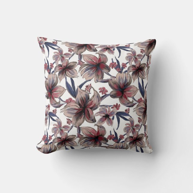 Watercolors Crimson Floral on White Throw Pillow (Front)
