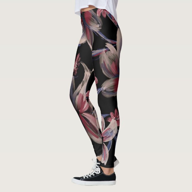 Watercolors Crimson on Black  Leggings (Left)