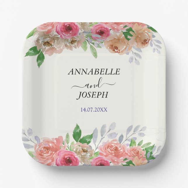 watercolors Florals Modern Botanical Wedding Paper Plates (Front)
