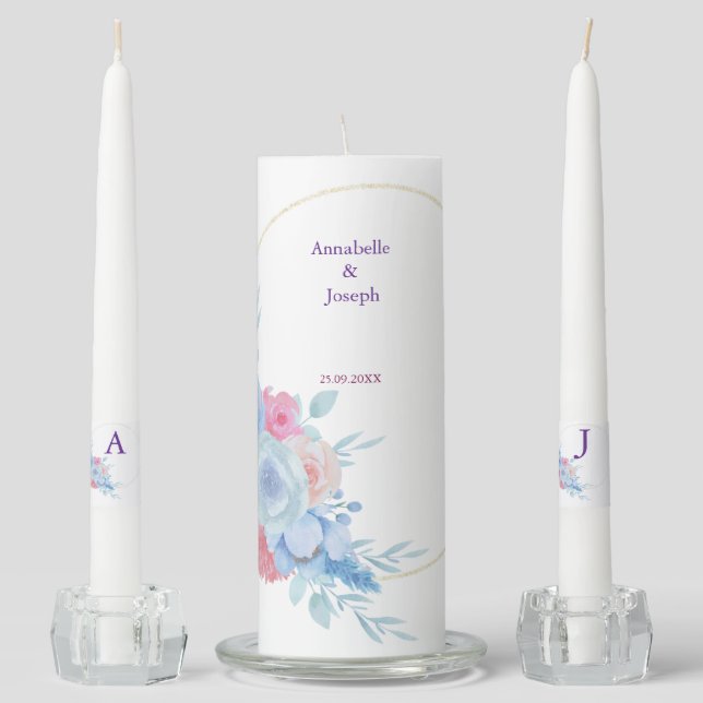 watercolors Florals Modern Botanical Wedding Unity Candle Set (Front)
