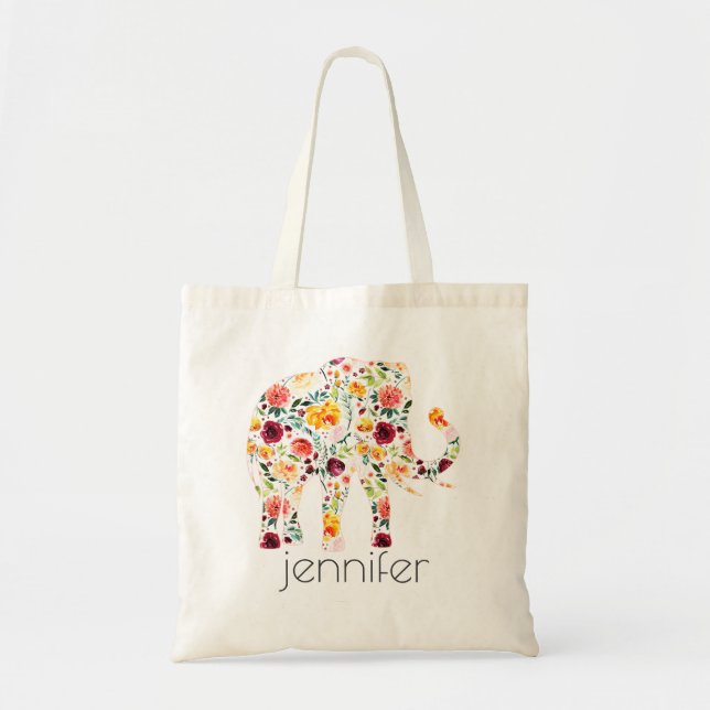 Watercolors flowers elephant illustration tote bag (Front)