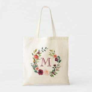 Watercolors flowers wreath monogram tote bag